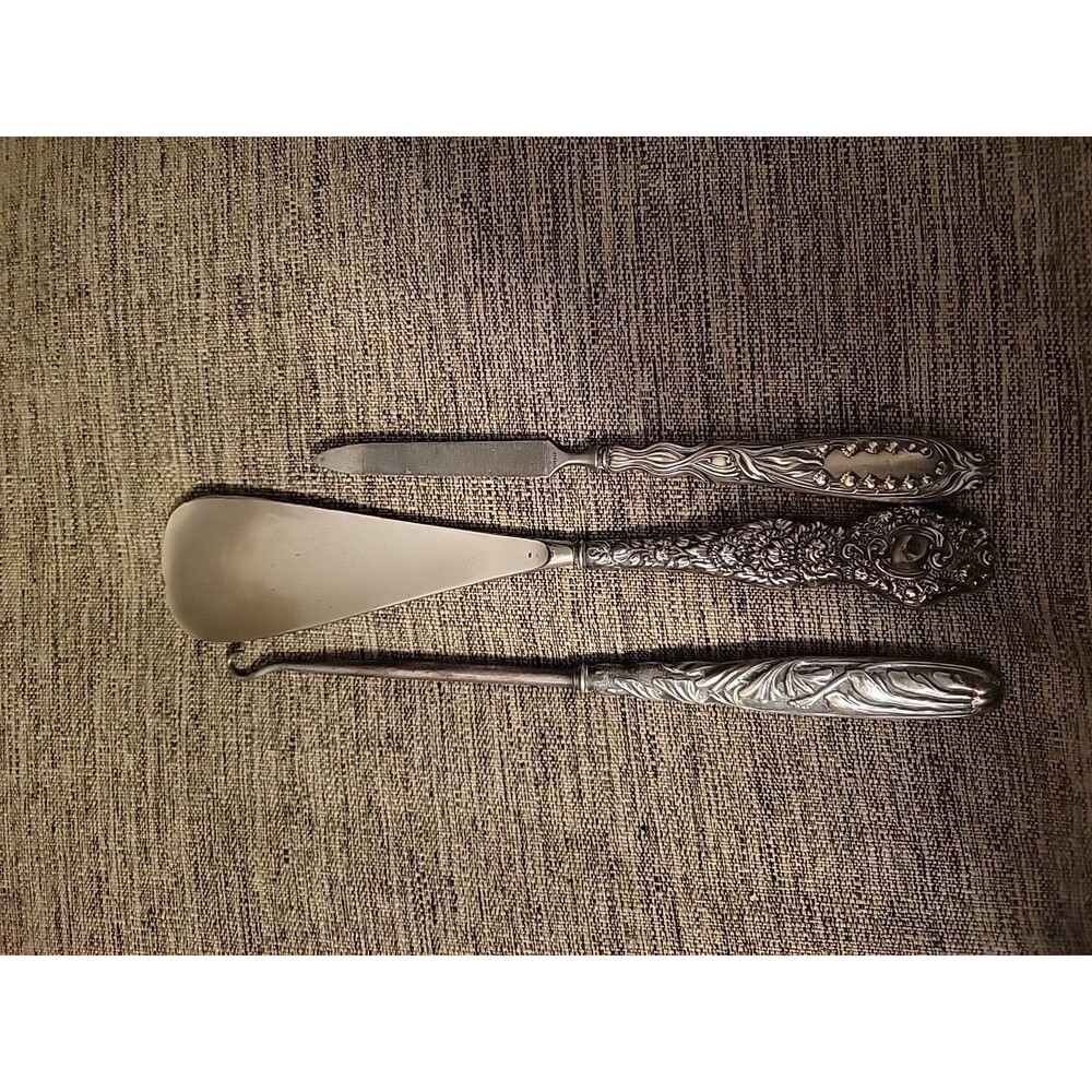 Victorian Dresser Set Germany Silver Tone: File, Button Hook, Shoe Horn Antique?
